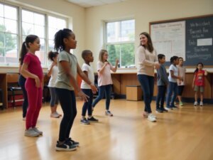 Crianças participando de uma aula de dança no ensino fundamental