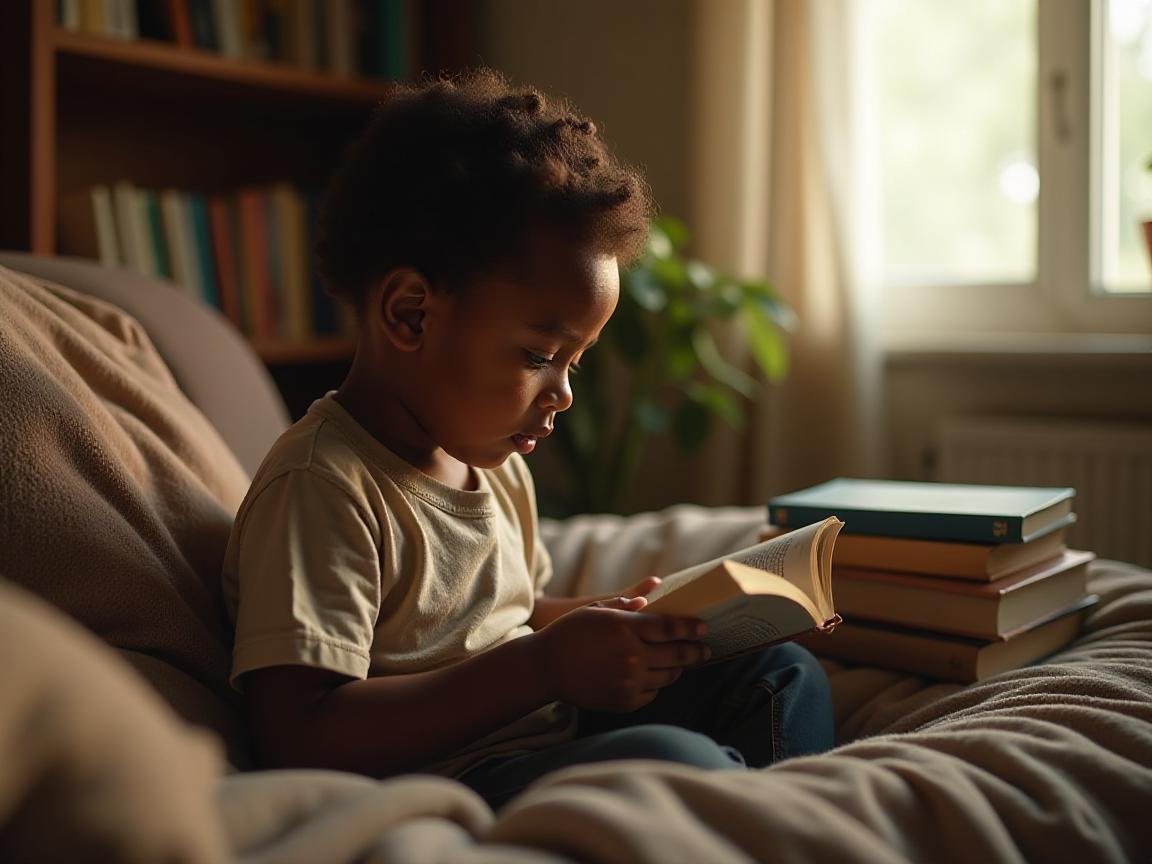 Criança lendo um livro em um ambiente acolhedor.