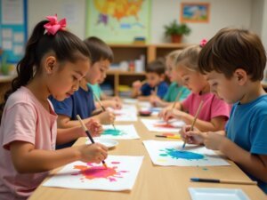 Crianças desenvolvendo criatividade através das artes visuais no ensino fundamental
