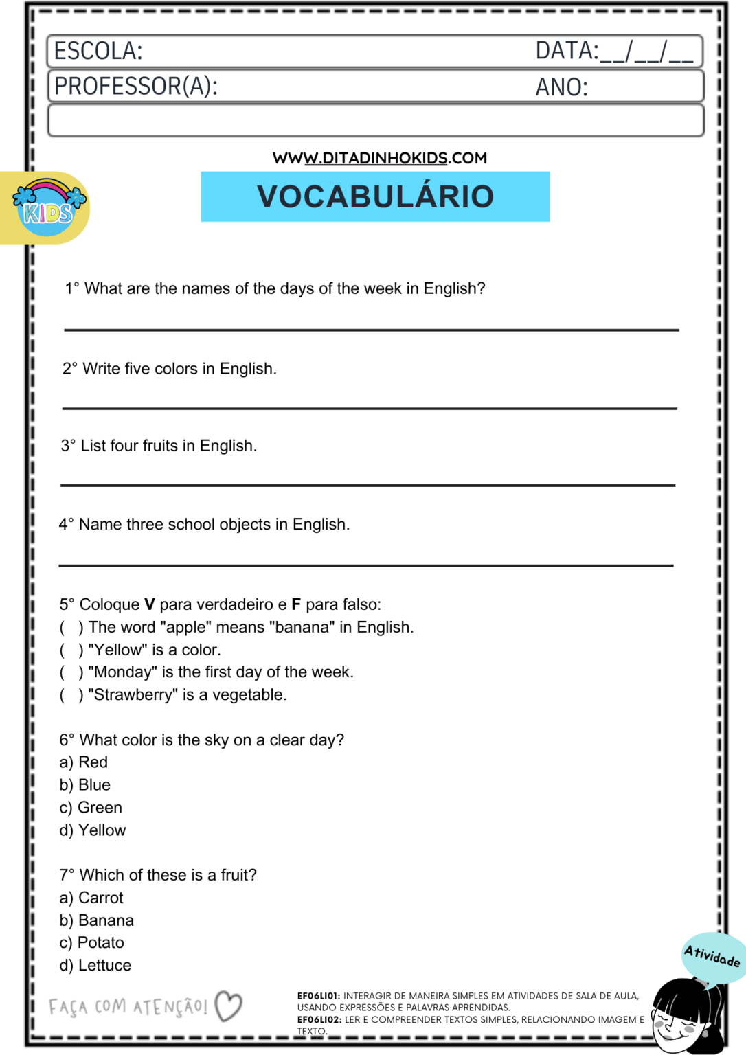 Atividades de Inglês do 6° ao 9° Ano - DitadinhoKIDS