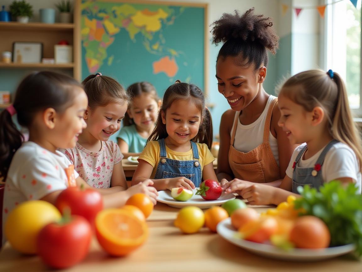 Crianças aprendendo sobre alimentação saudável