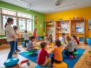 Crianças explorando um espaço de vivência em sala de aula.