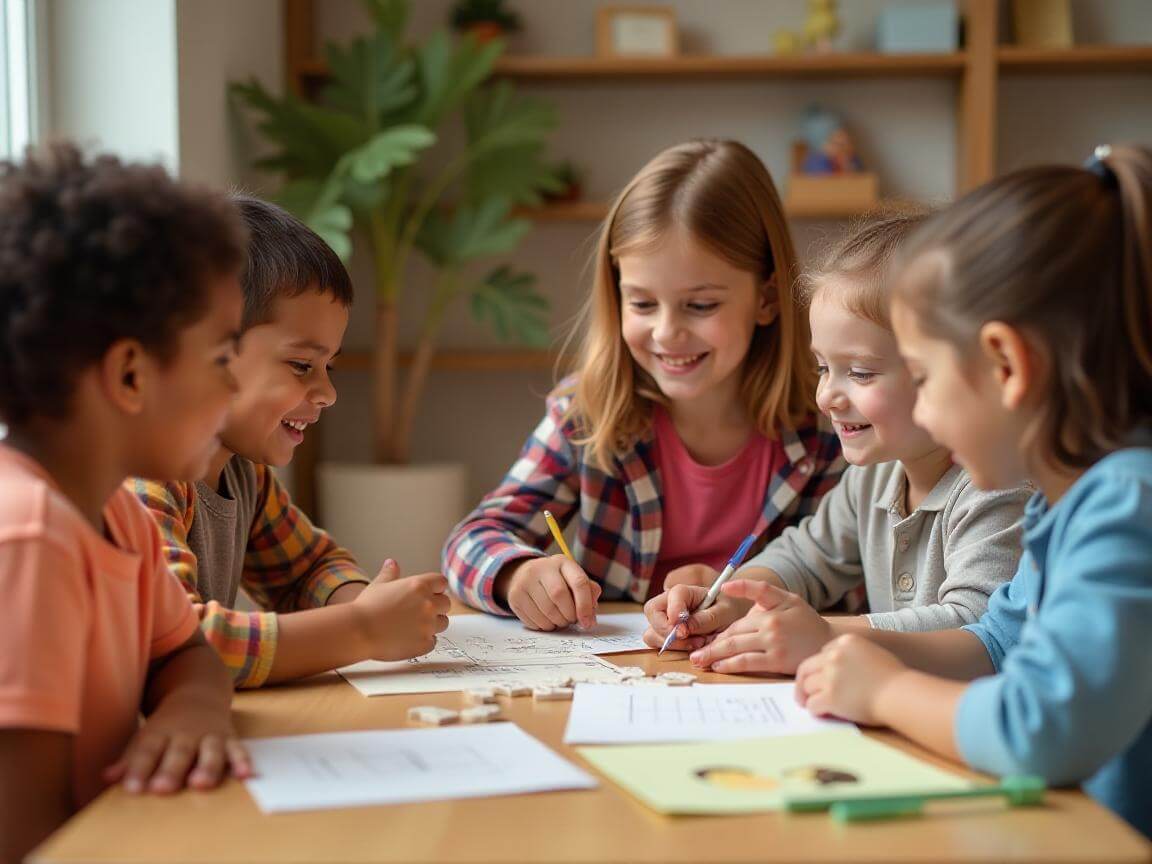 Crianças aprendendo inglês de forma lúdica com atividades divertidas