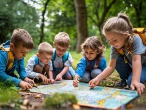 Crianças explorando o ambiente para desenvolver habilidades de localização.