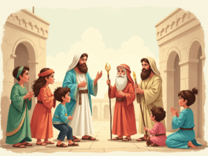Ilustração representando diversas religiões no contexto histórico e cultural, com símbolos religiosos e crianças aprendendo em sala de aula.