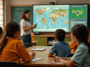 Crianças em sala de aula aprendendo sobre a influência e as transformações na história do Brasil com material didático e atividades interativas.