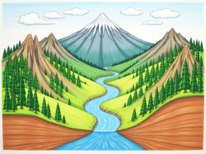 Ilustração colorida representando aspectos físicos e naturais da geografia, incluindo montanhas, rios, florestas e desertos.
