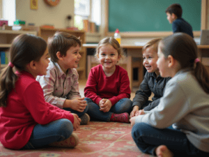 Crianças em uma roda de conversa, aprendendo sobre diferentes práticas religiosas e valores morais em sala de aula.