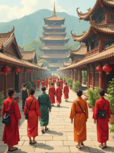Grupo de pessoas com trajes típicos de diferentes países asiáticos, representando a diversidade cultural do continente.