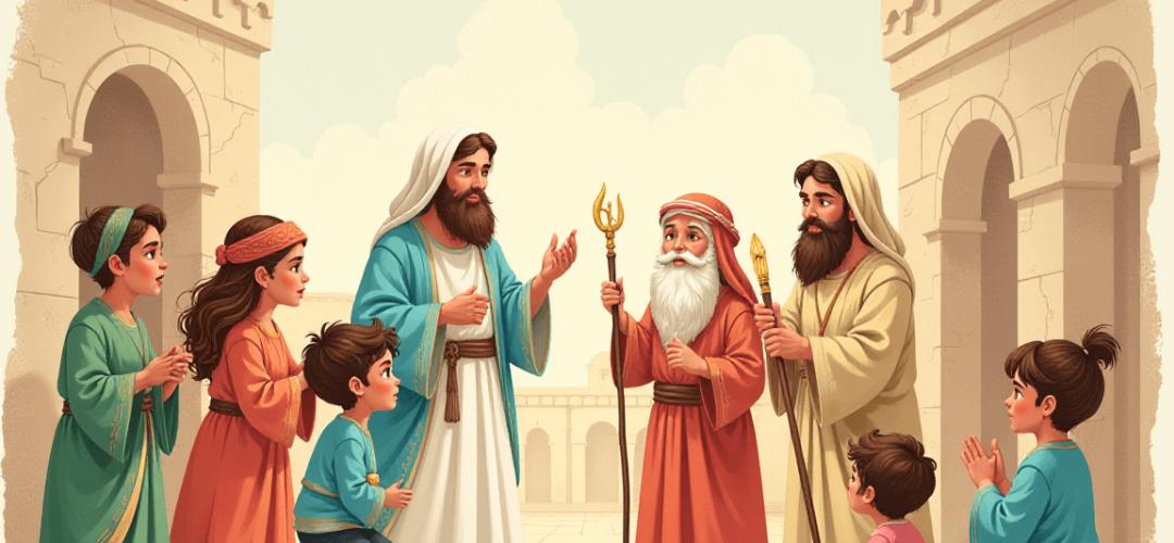 Ilustração representando diversas religiões no contexto histórico e cultural, com símbolos religiosos e crianças aprendendo em sala de aula.