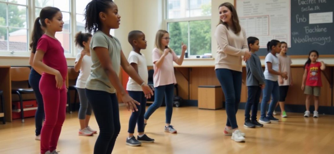 Crianças participando de uma aula de dança no ensino fundamental