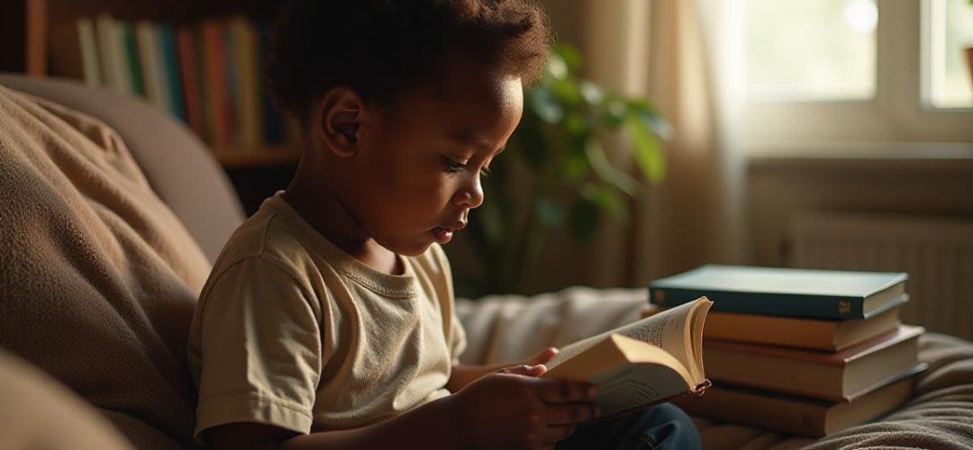 Criança lendo um livro em um ambiente acolhedor.