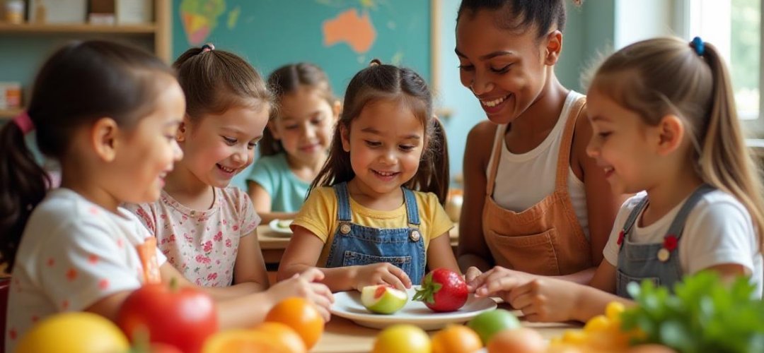 Crianças aprendendo sobre alimentação saudável