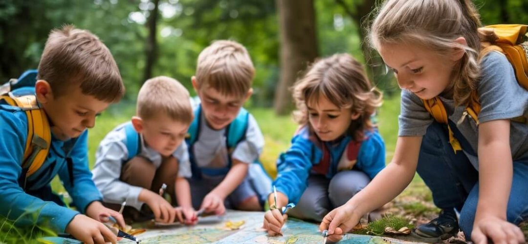 Crianças explorando o ambiente para desenvolver habilidades de localização.