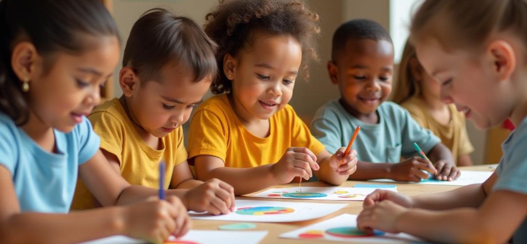 Crianças praticando colagem e montagem com materiais diversos.